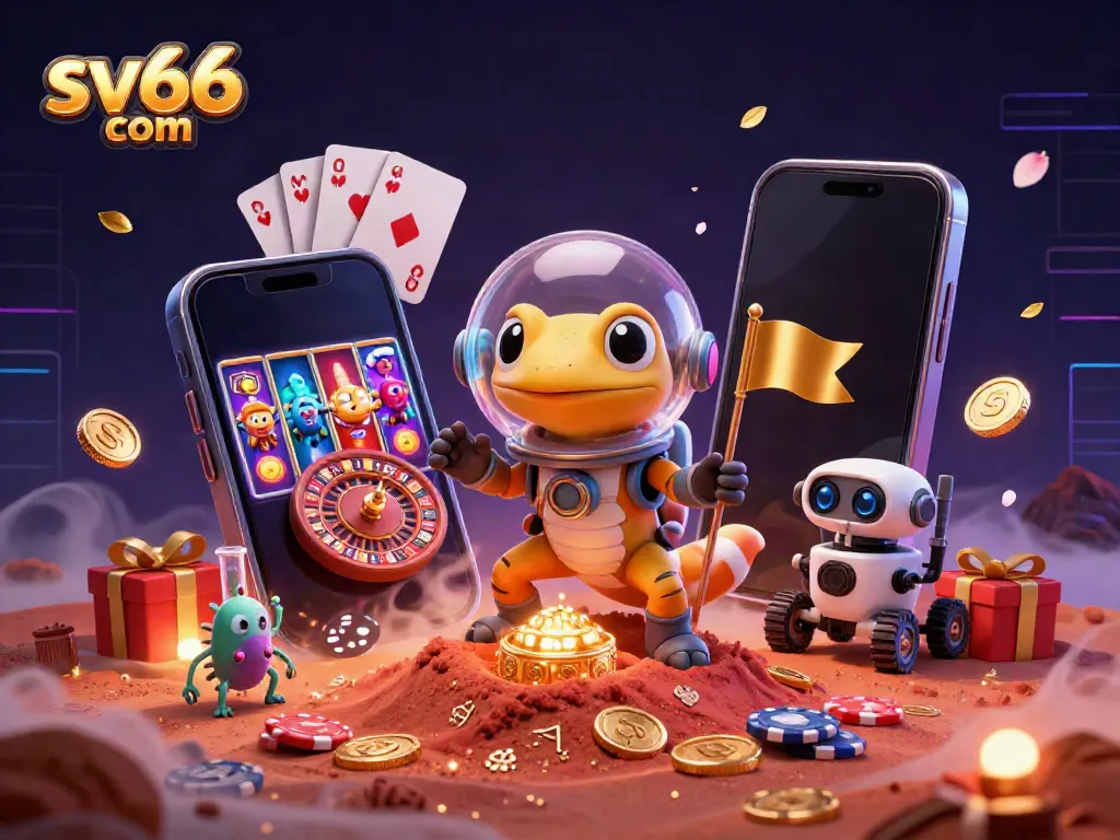 Engage with sv66 com's vibrant Martian casino scene featuring 3D animated characters and dynamic gambling elements.