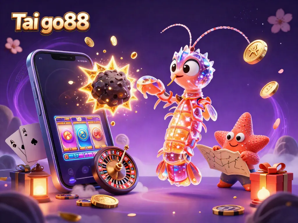 Experience the excitement of Tai go88 as a galactic samurai mantis shrimp battles an asteroid, generating golden coins.