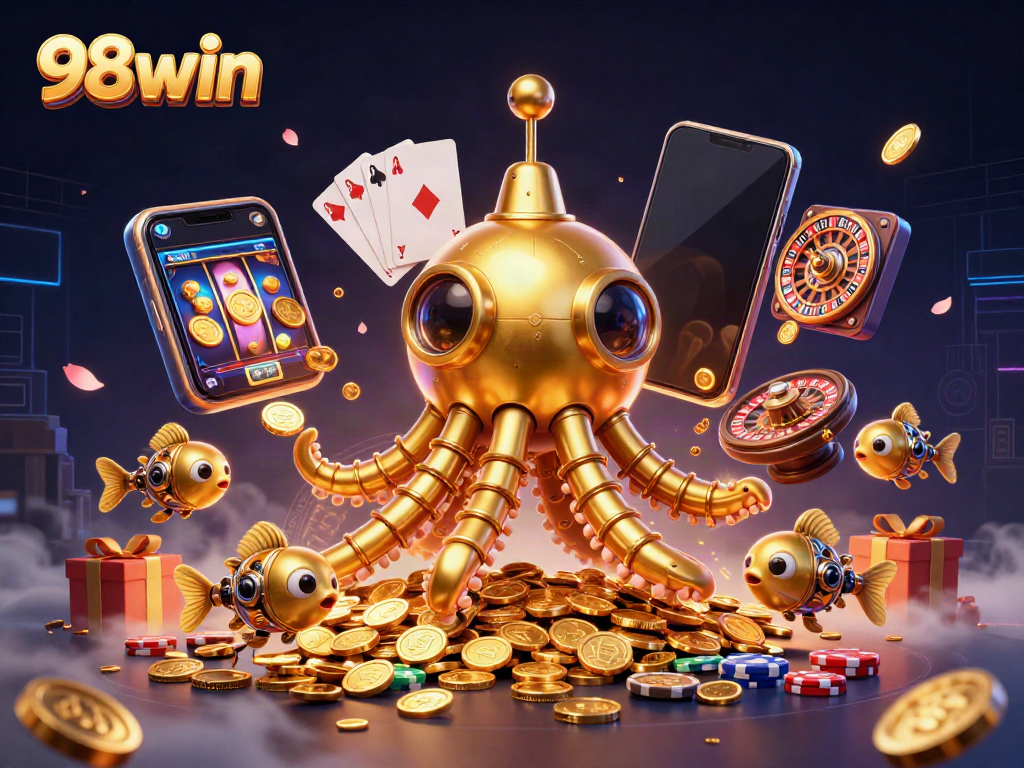 Experience thrilling gaming adventures with 98win as a golden kraken submarine navigates a sea of coins.