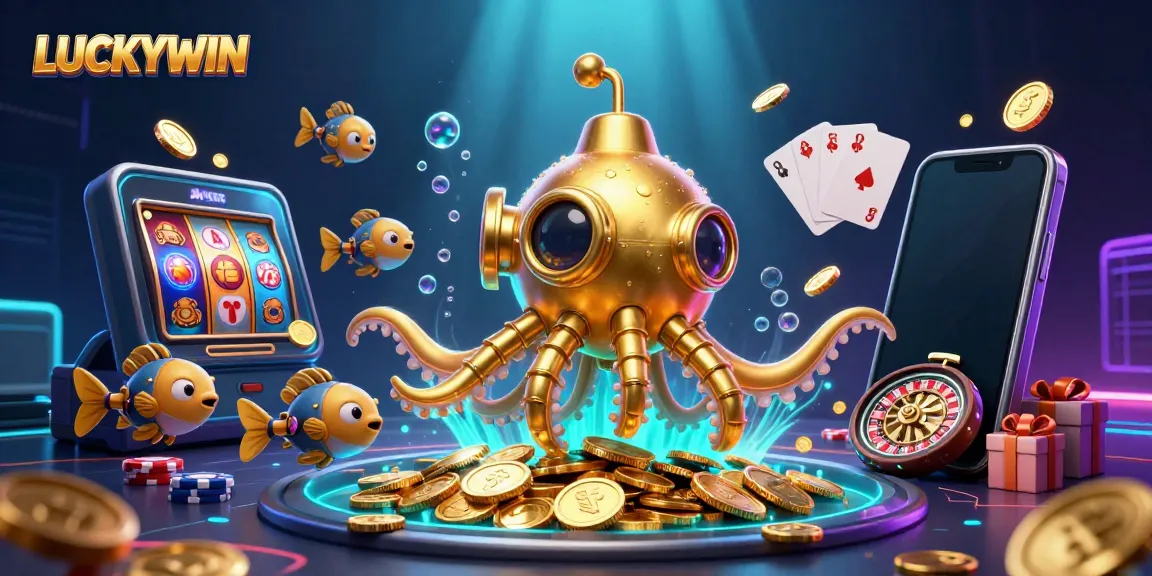 LUCKYWIN adventure features a vibrant 3D kraken submarine among golden coins and casino games.