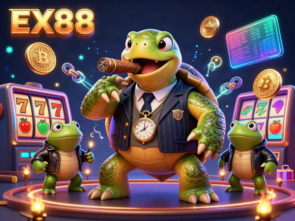 EX88 highlights a fun casino scene with a snapping turtle mobster and bullfrog enforcers amidst slot reels.