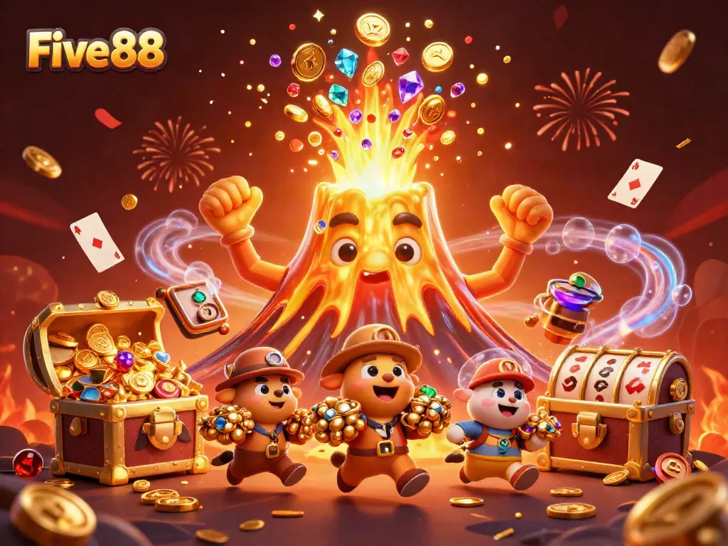 Experience the excitement at Five88, as a golden volcano erupts in treasures and playful animals flee with riches in this vibrant casino scene.