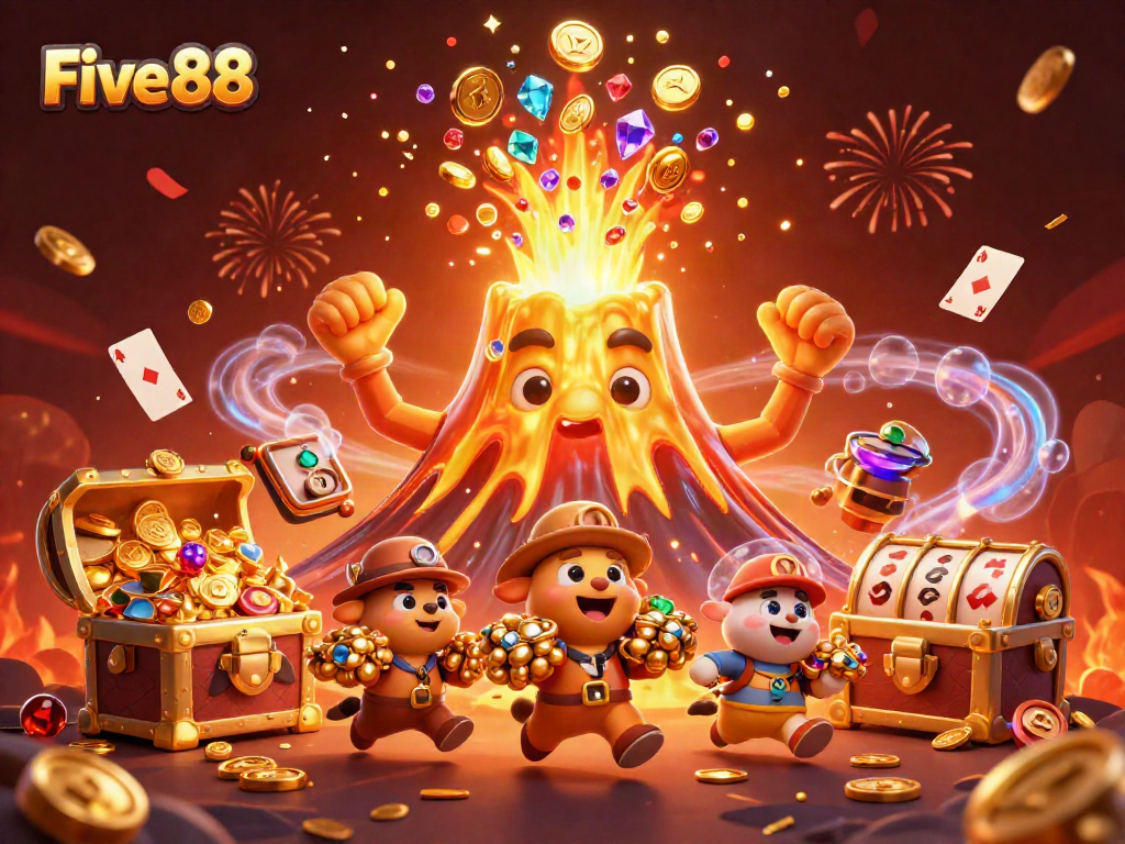 Experience the excitement at Five88, as a golden volcano erupts in treasures and playful animals flee with riches in this vibrant casino scene.