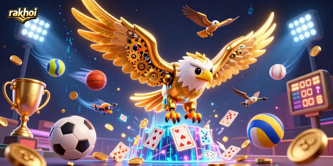 Experience dynamic action with rakhoi's 3D golden eagle amidst holographic playing cards
