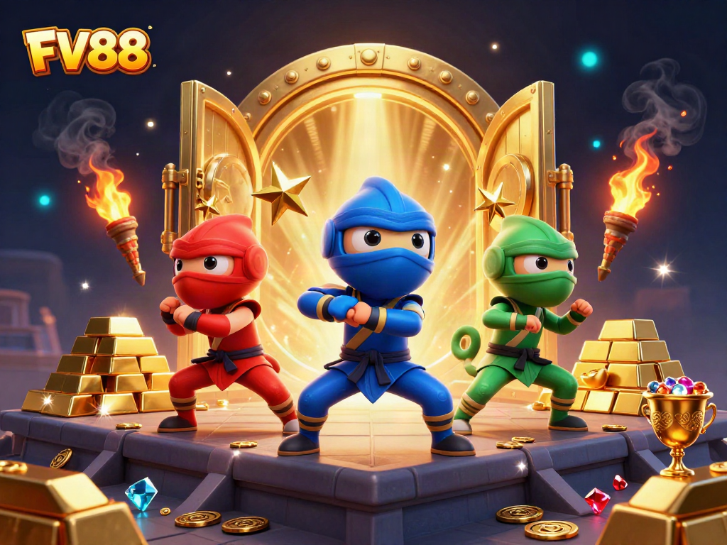 Witness the FV88 ninja chameleon trio mastering their skills amidst a treasure-filled casino scene.