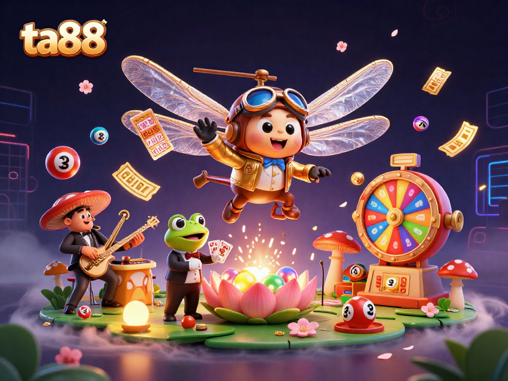 Experience thrilling gaming action at ta88 with a vibrant casino scene featuring a frog croupier and dragonfly pilot.