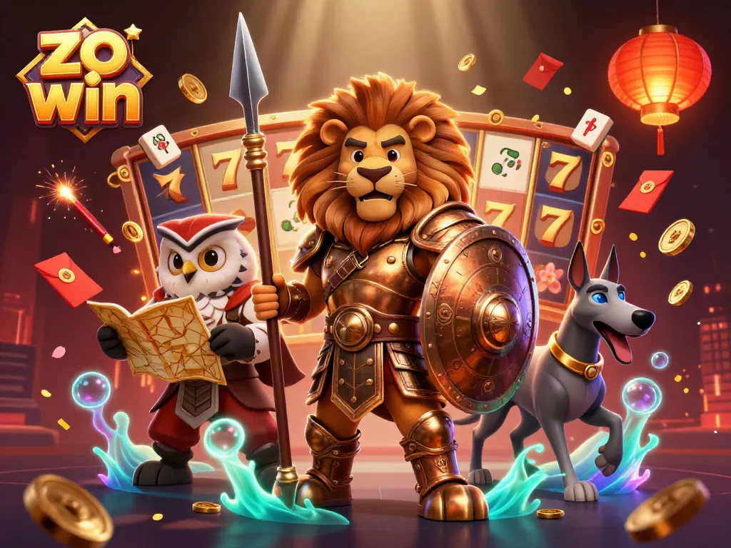 Experience thrilling gaming action with zo win as characters celebrate around vibrant slot reels and golden coins.
