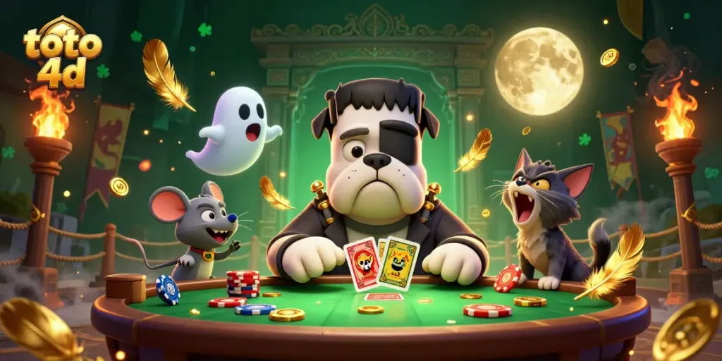 Experience exciting toto 4d moments with a Frankenstein bulldog dealing cards at a vibrant casino table.