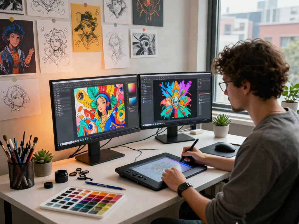 Artistic workspace showcasing nsfw ai visual creativity with graphic tablet and colorful designs.