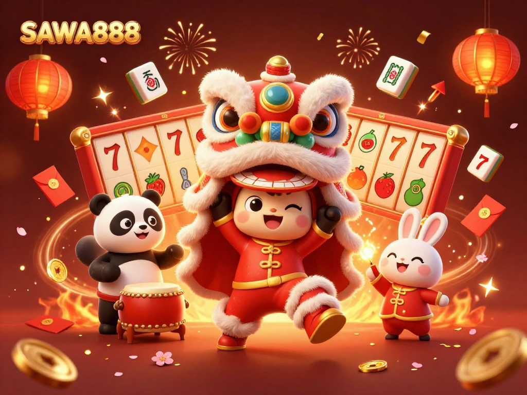 Experience thrilling gameplay and dynamic wins with SAWA888's vibrant slot action amidst a festive celebration.