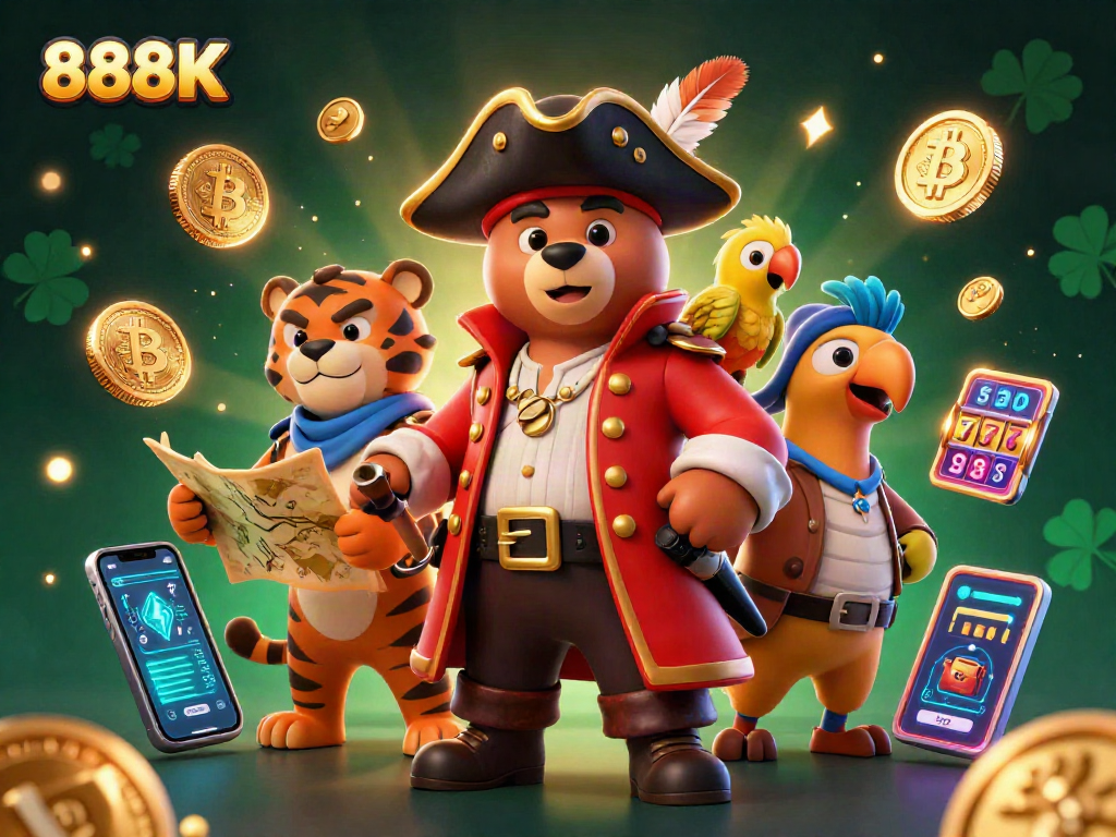 Join the adventure at 888K with a pirate bear and tiger amidst vibrant casino elements!