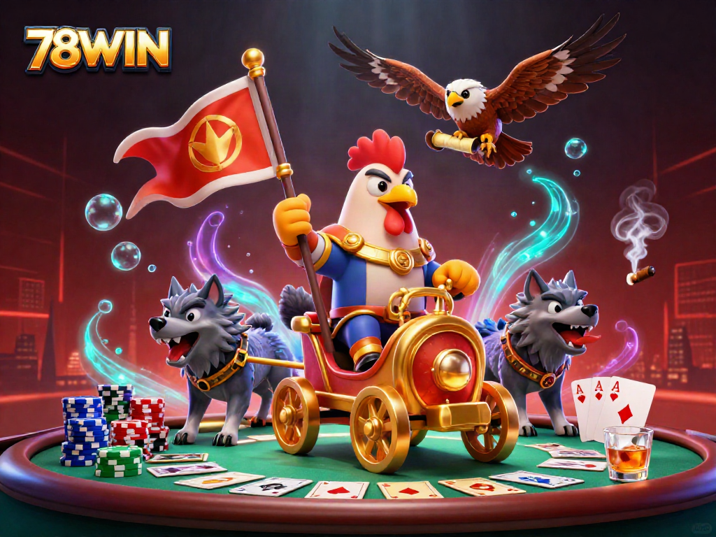 Win big with 78WIN, featuring a dynamic 3D scene of a rooster warlord in a casino atmosphere.