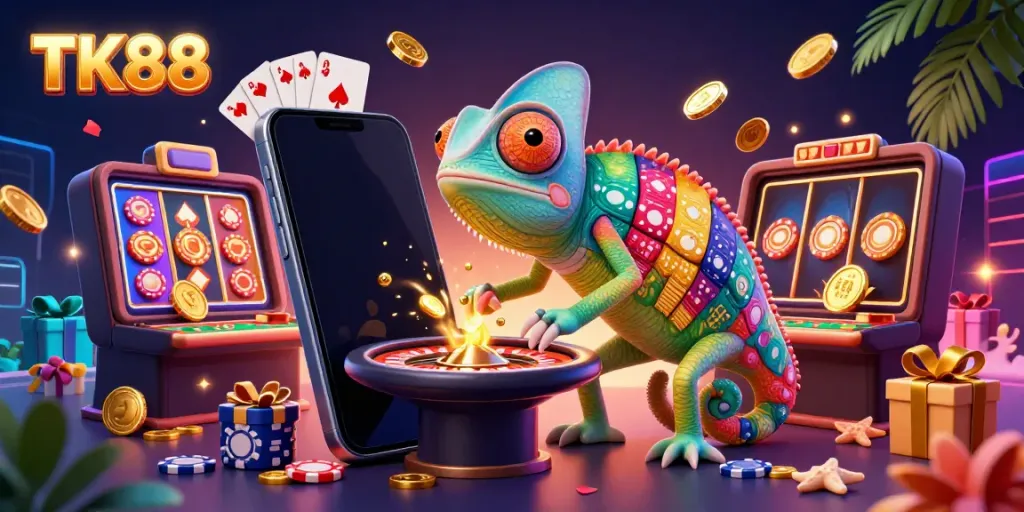 Spin with TK88's vibrant chameleon casino owner snatching golden coins and poker chips amidst colorful gaming elements.