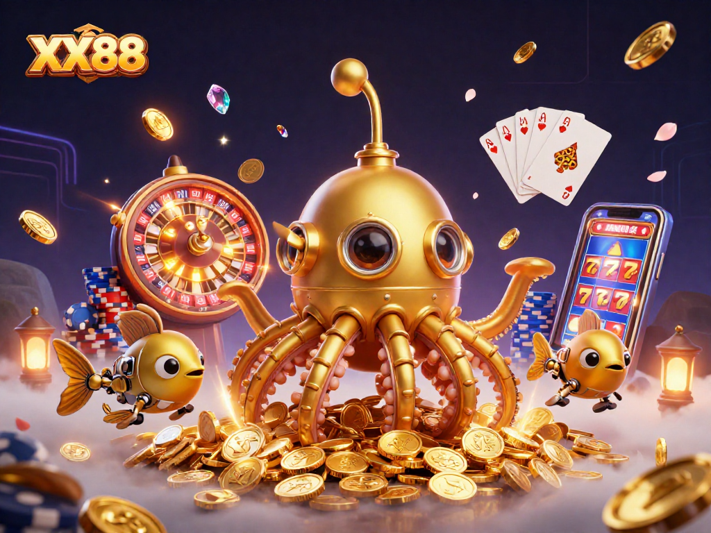 Join the excitement with XX88's golden kraken submarine and treasure-filled casino adventure!