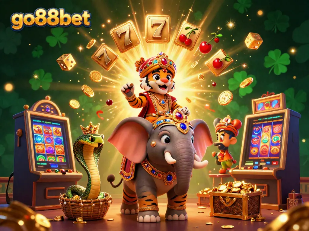 Experience excitement with go88bet featuring a vibrant 3D casino scene of the maharaja, elephant, and winning elements.