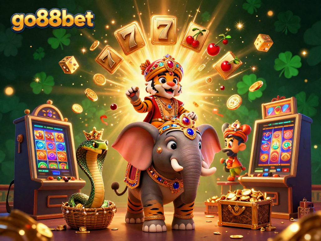 Experience excitement with go88bet featuring a vibrant 3D casino scene of the maharaja, elephant, and winning elements.