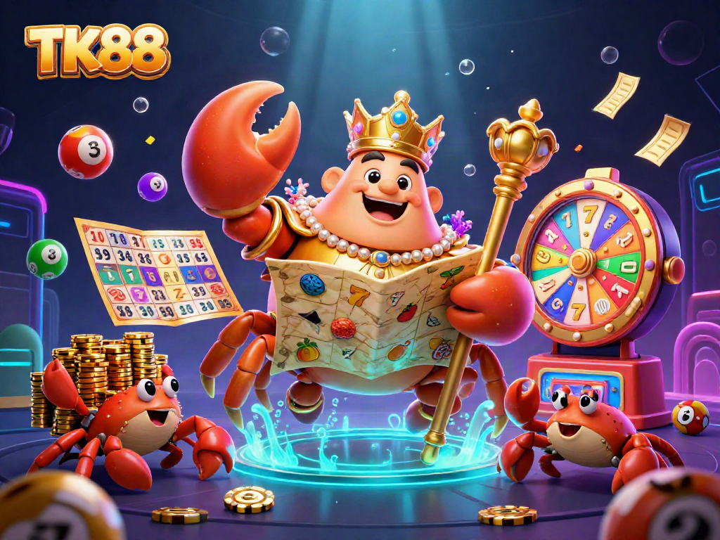 Engage with TK88's vibrant casino scene featuring a golden crab emperor and dynamic lottery elements.