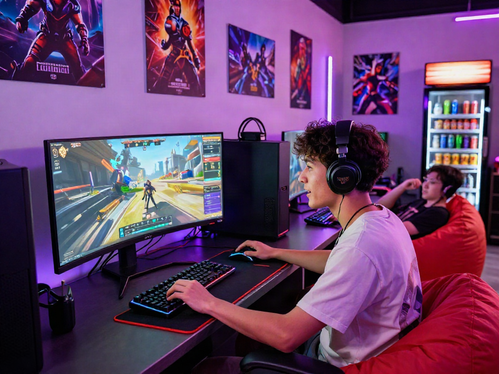 Player immersed in an adult game within a vibrant gaming lounge atmosphere.