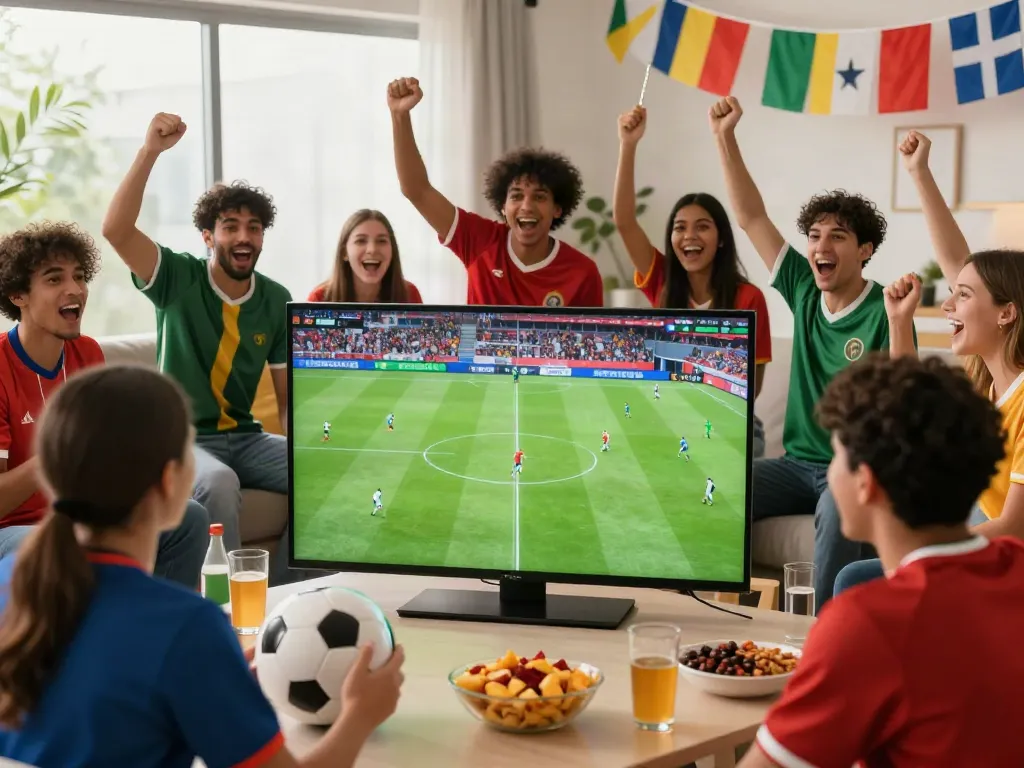 Friends enjoying a lively soccer match at home, experiencing the thrill of Socolive streams.