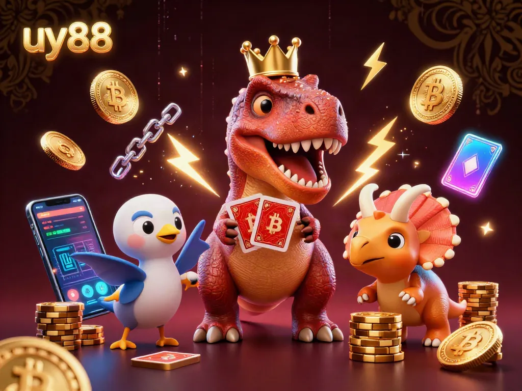 Play poker with uy88's fun T-Rex dealer shuffling cards amid neon crypto elements.