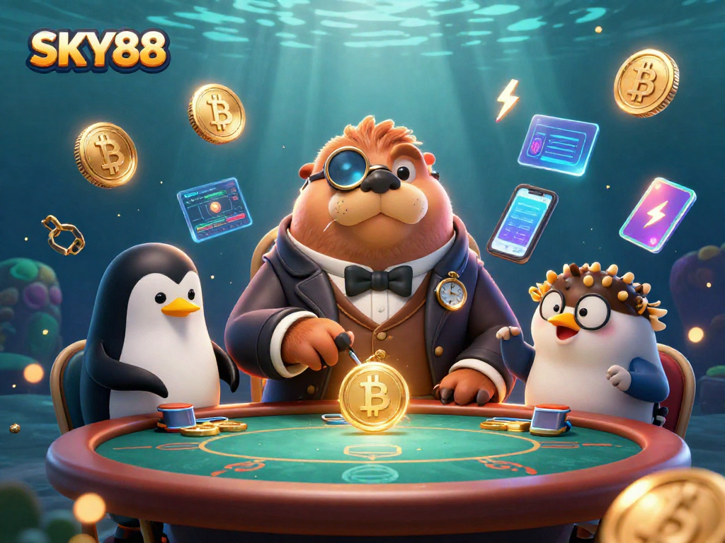 Experience the excitement of poker at SKY88 with a walrus and friends playing underwater cards.