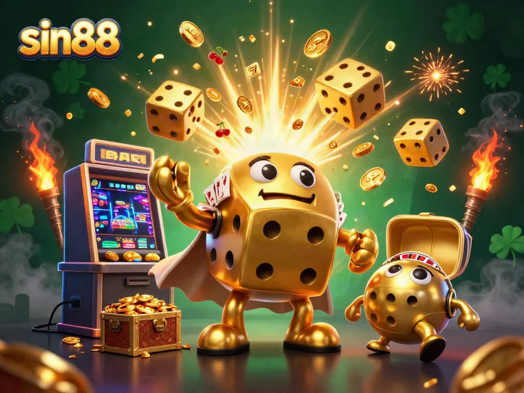 Experience the thrilling world of sin88 with golden dice and casino elements in a vibrant 3D setting.