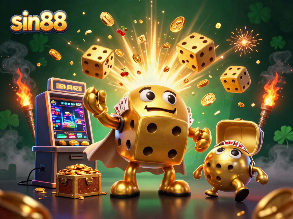 Experience the thrilling world of sin88 with golden dice and casino elements in a vibrant 3D setting.