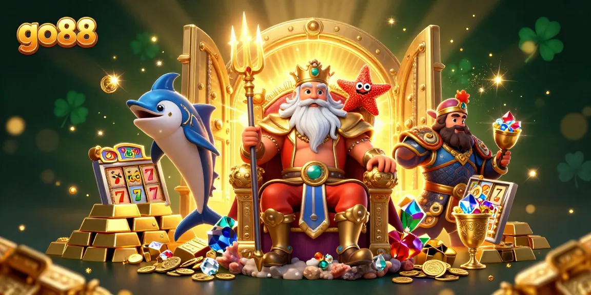 Experience the thrill of go88 with Neptune and treasures amidst slot reels and jewels.