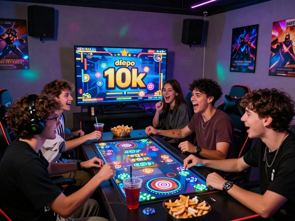 Friends enjoying a thrilling gaming session with slot depo 10k on screen and colorful tokens scattered around.