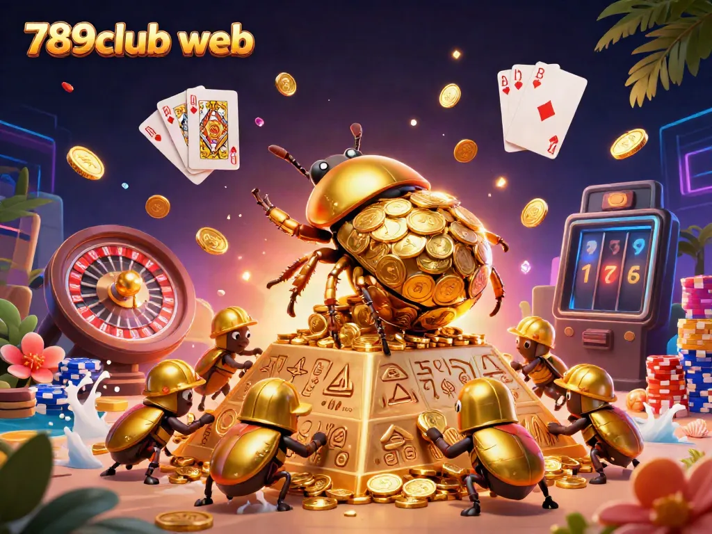 Spin and win with thrilling action at 789club web, featuring golden beetles rolling coins and casino excitement.