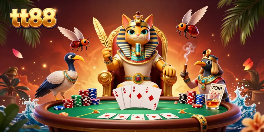 Engage with tt88's vibrant casino scene featuring a regal pharaoh cat and poker elements.