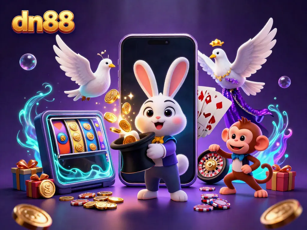 dn88 casino illustration featuring a magician rabbit, dazzling dove, and monkey with poker chips.