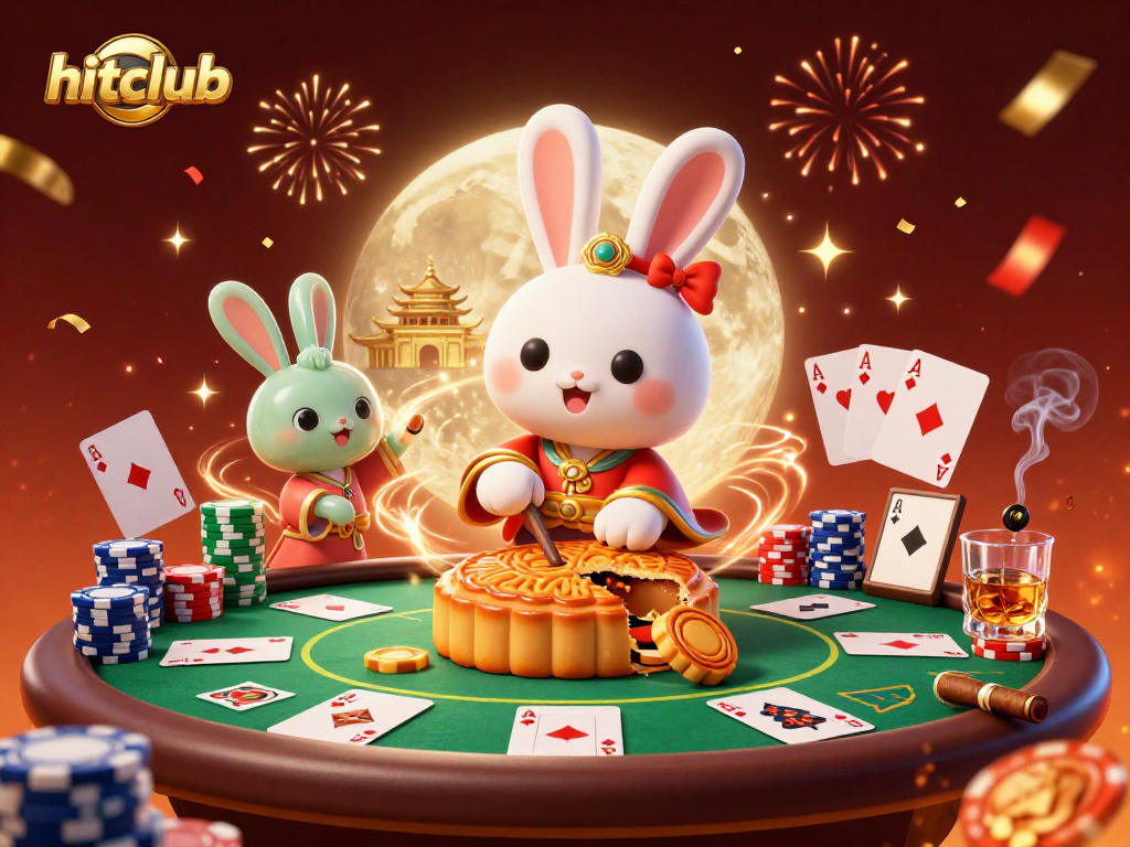 hitclub showcases a dynamic scene with a moon rabbit and poker chips, highlighting casino excitement