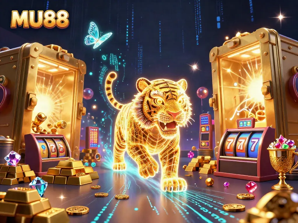 Experience thrilling casino adventures with MU88 featuring a golden tiger and dazzling gems.