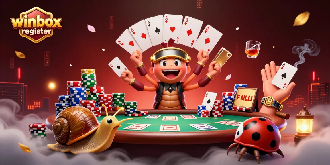 Experience winbox register with a lively casino scene featuring a quirky millipede dealer and vibrant poker elements.
