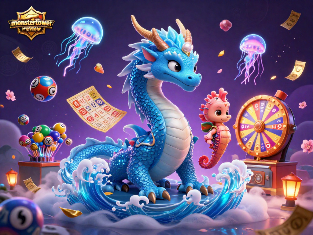 Experience the excitement of monstertowerreview, featuring a majestic azure water dragon with gaming elements and dynamic visuals.