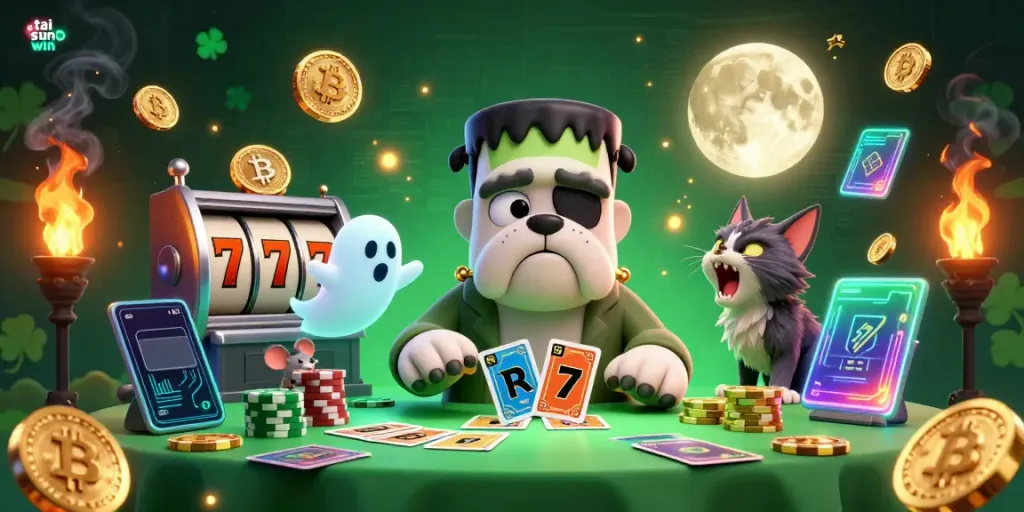 Engage with tai sun win at a vibrant casino table featuring unique characters and crypto elements, creating an immersive gaming atmosphere.