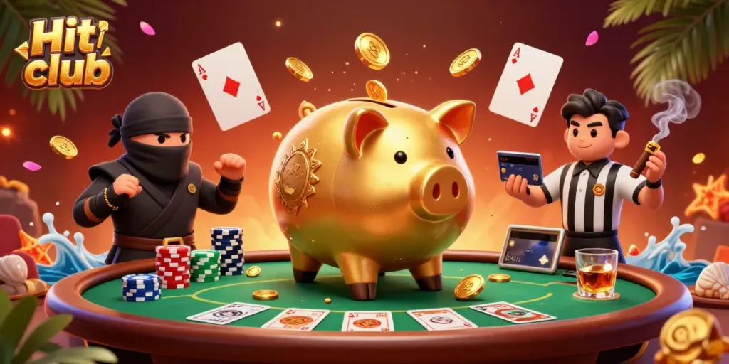 Experience exhilarating action at Hit club with lively gaming characters and piles of poker chips.