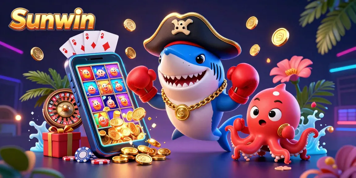 Sunwin's vibrant casino scene showcasing a cheerful pirate shark with gold coins, engaging in exciting online gaming.