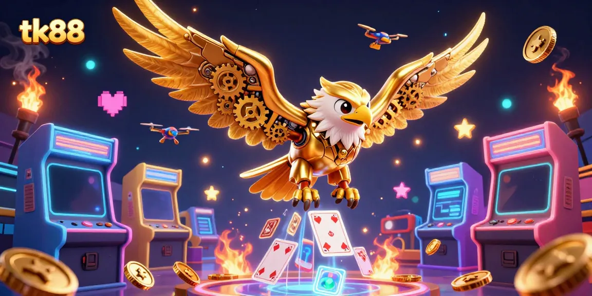Enjoy the thrill of tk88 with a vibrant 3D illustration featuring cybernetic eagles and casino elements.
