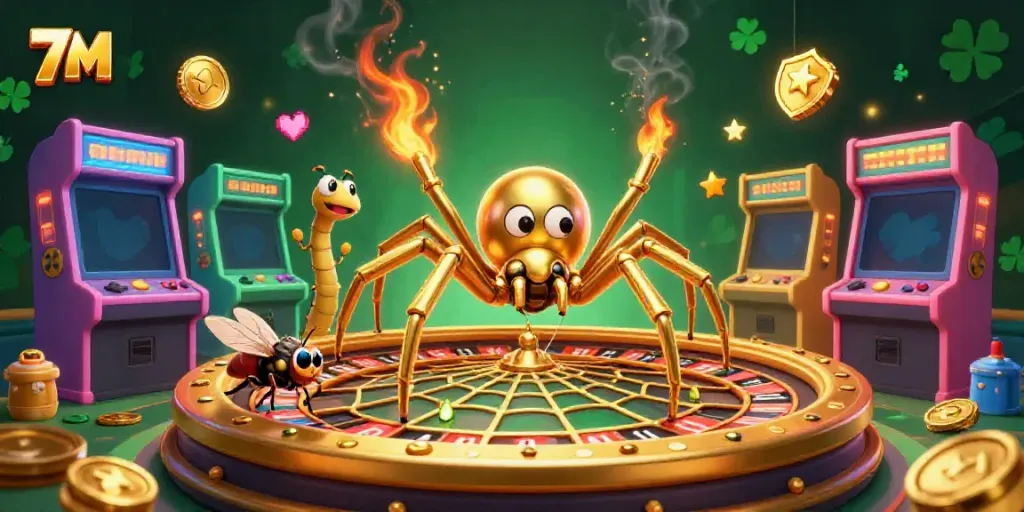 Engage with the dynamic casino world of 7M, featuring a spider spinning a roulette wheel of luck.