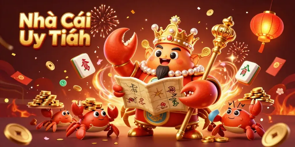 Experience the lively energy of Nhà Cái Uy Tín, with a golden crab emperor amidst festive gambling elements.