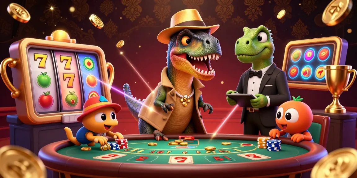 Casino scene featuring a velociraptor counter attempting deception while a stegosaurus pit boss oversees, promoting febet.