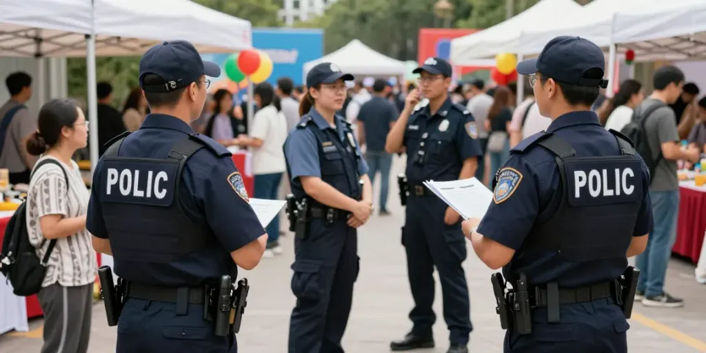 Security Guards ensuring safety at a local event, community-focused atmosphere.