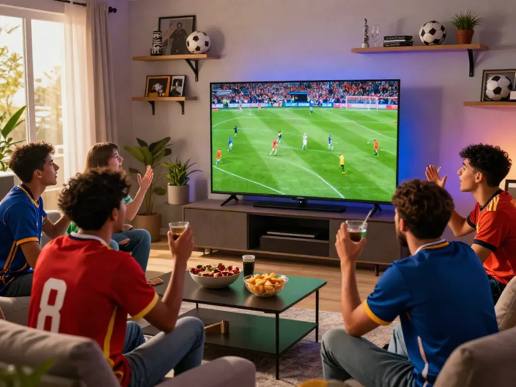 Thapcamtv live football viewing with friends in an entertainment room.
