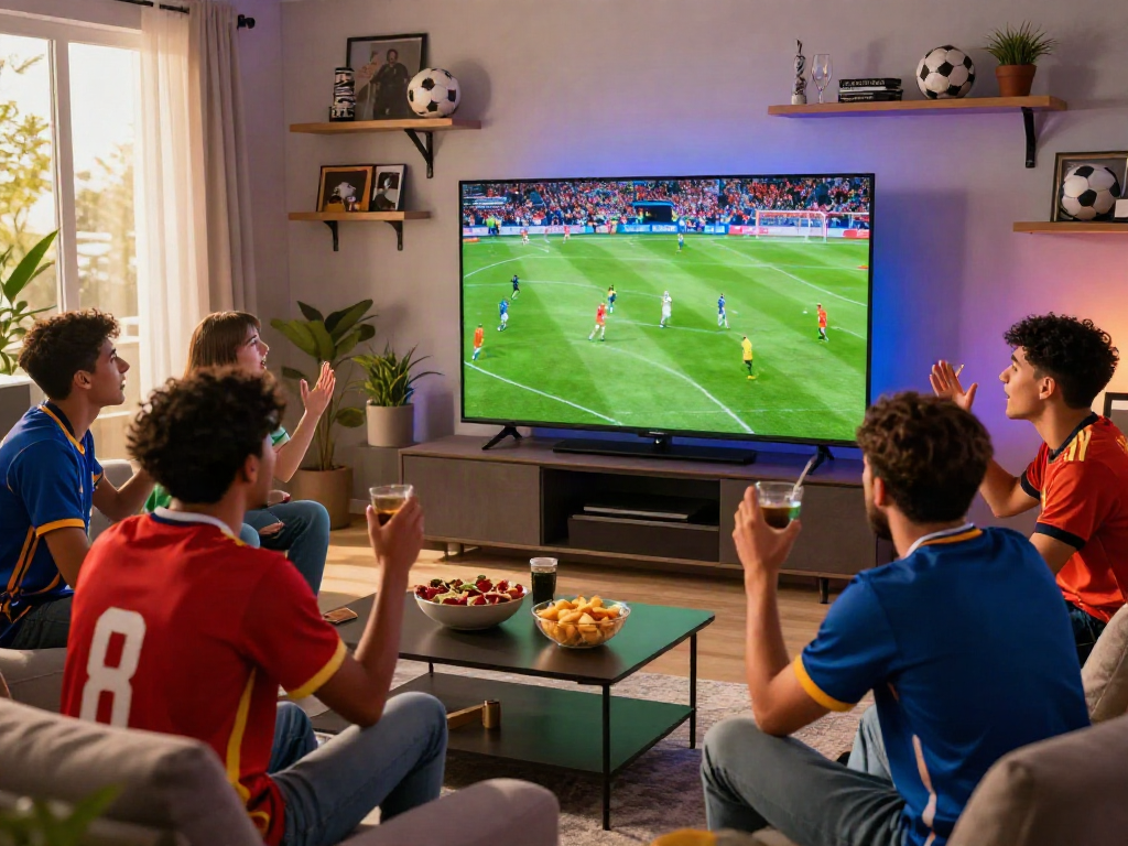 Thapcamtv live football viewing with friends in an entertainment room.