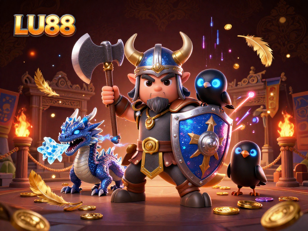Engage with LU88's thrilling gaming dynamics featuring a Viking warrior, dragon, and raven.