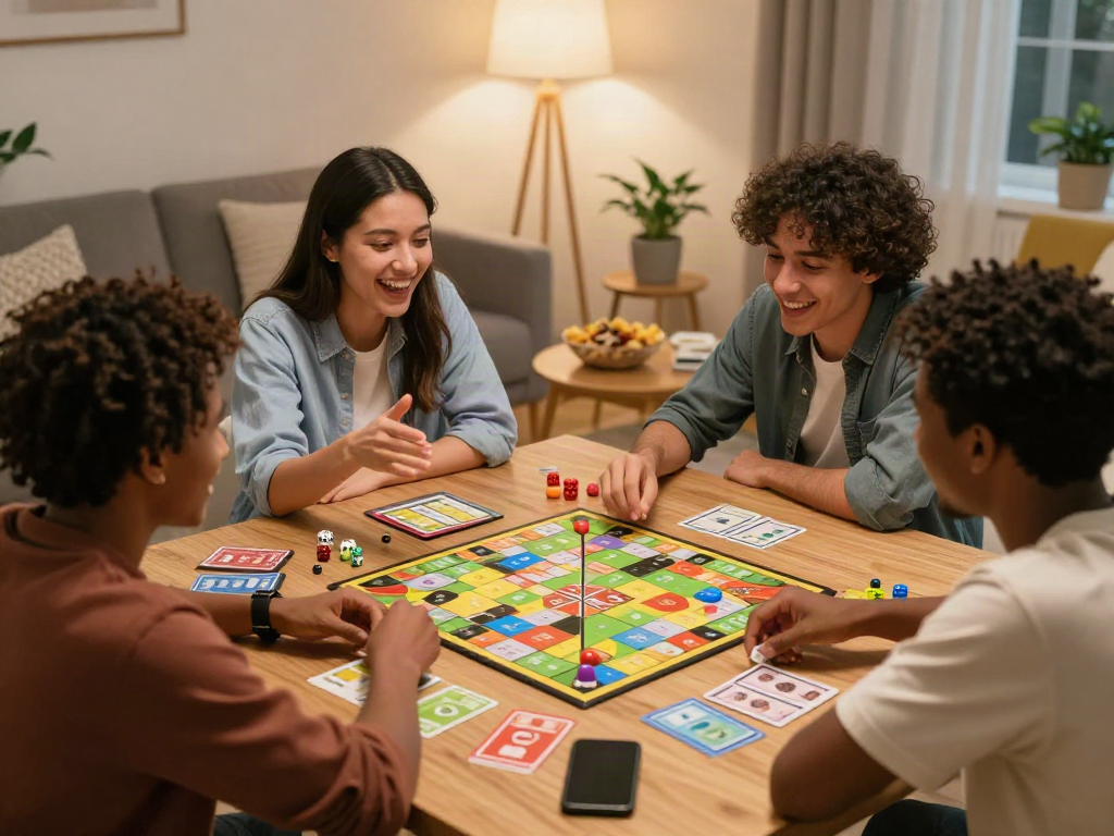 Group enjoying a fun sex game night, with colorful game pieces and snacks in a cozy living room.