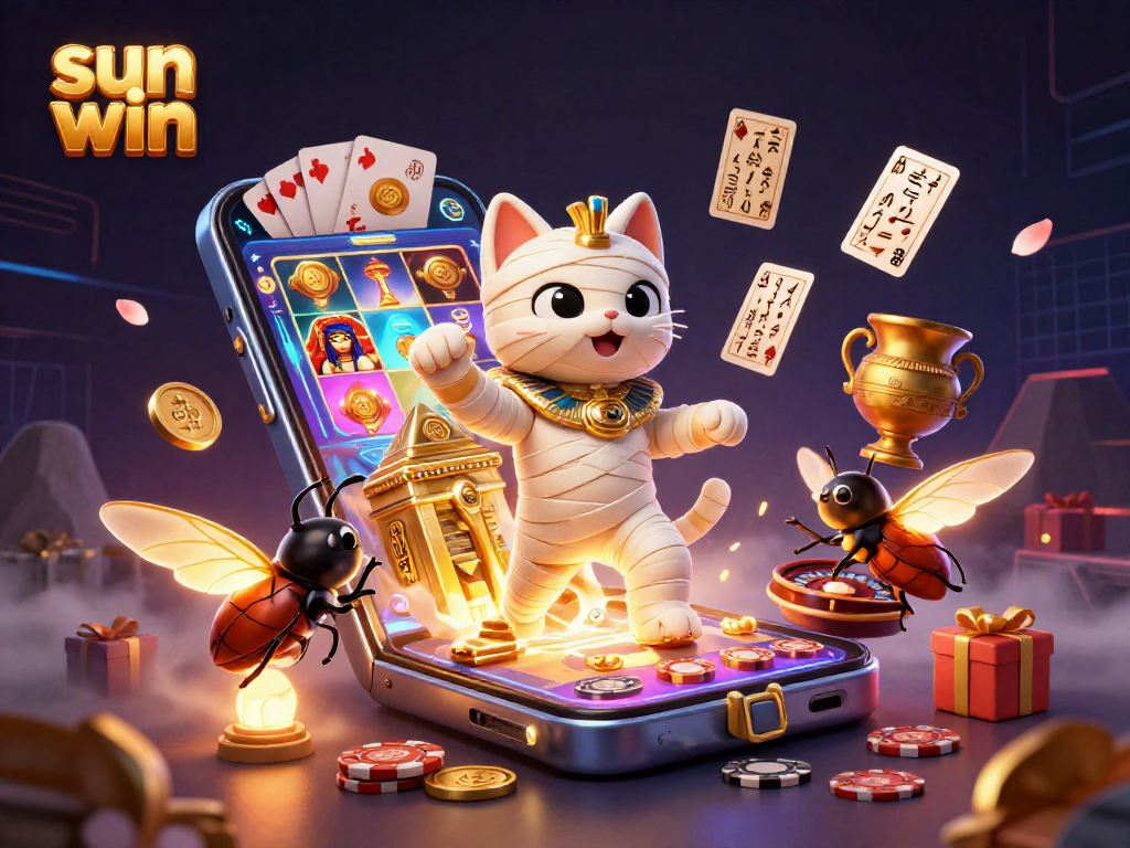 Win big at Sun Win's casino, featuring vibrant characters and thrilling game elements.