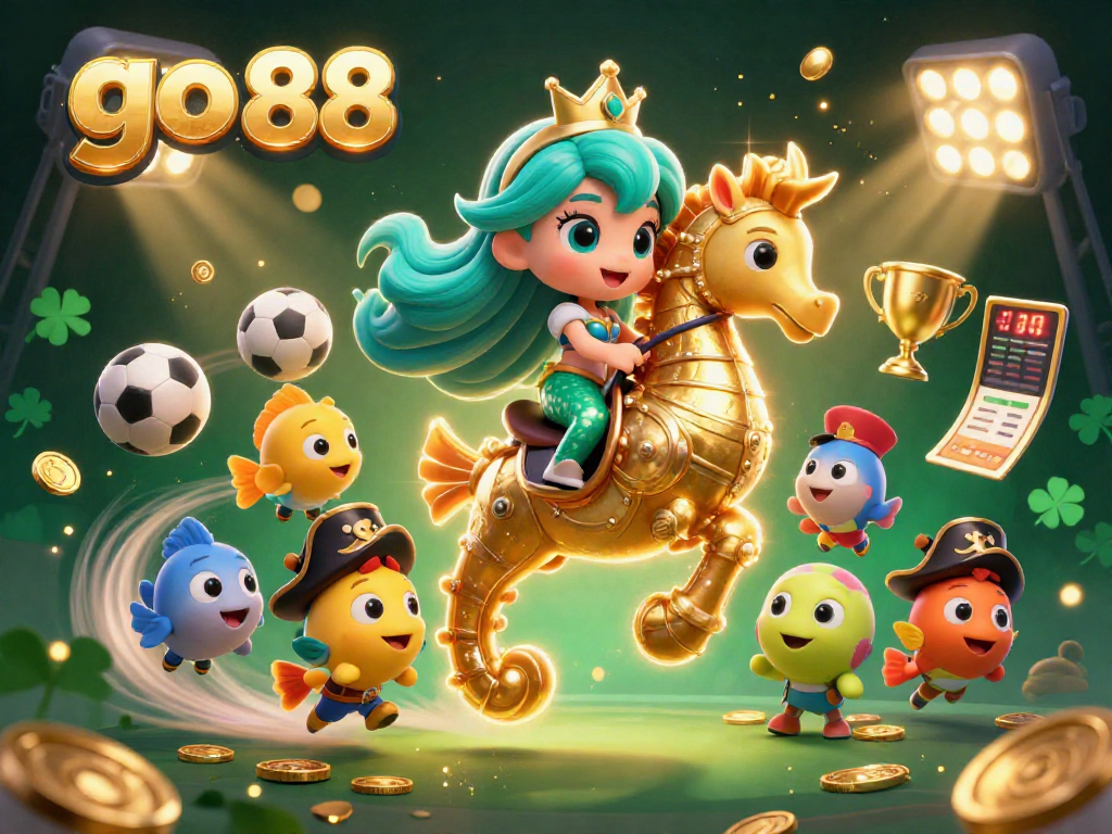 Experience the excitement of go 88 with a vibrant 3D illustration showcasing a mermaid, seahorse, and dynamic sports elements.